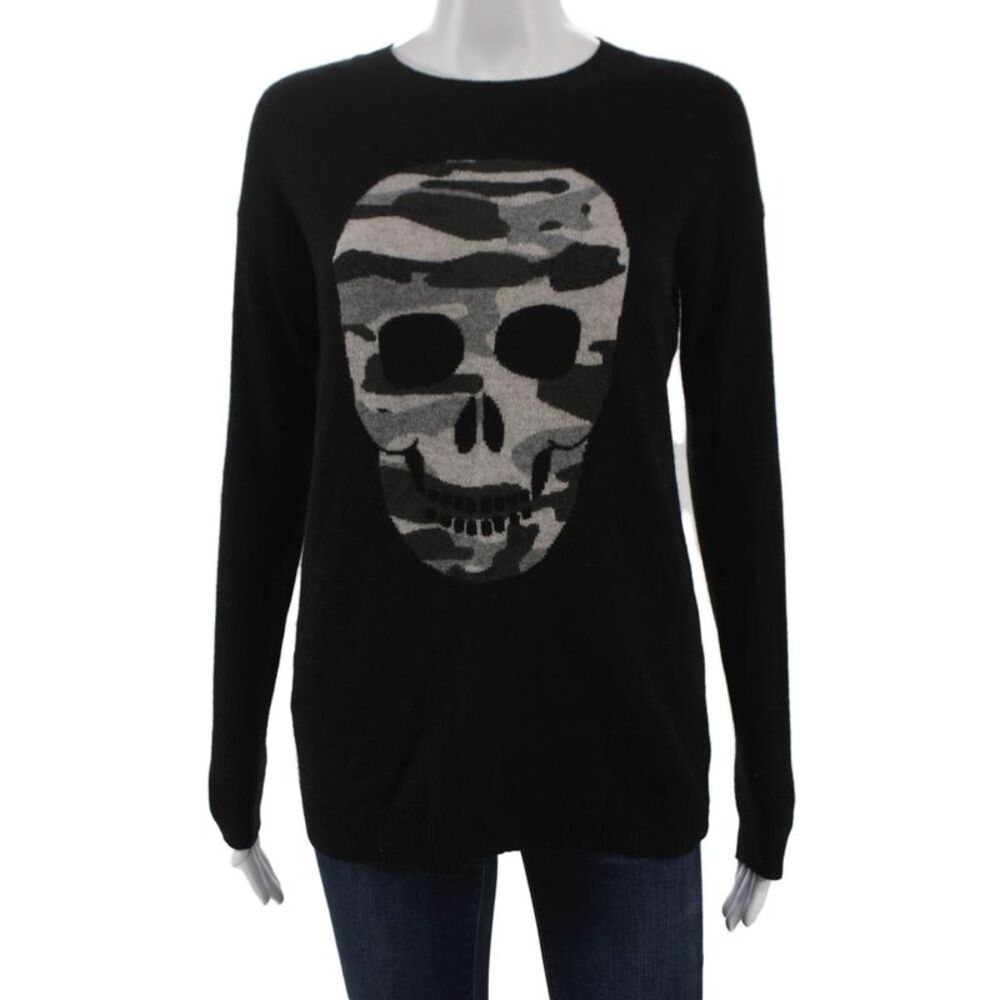 Aqua Cashmere Women Pullover Sweater Black Cashmere Camouflage Skull Size XS